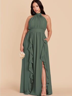 Birdy Grey | Elegant Green Eucalyptus Halter Maxi Dress Joyce Chiffon XXL